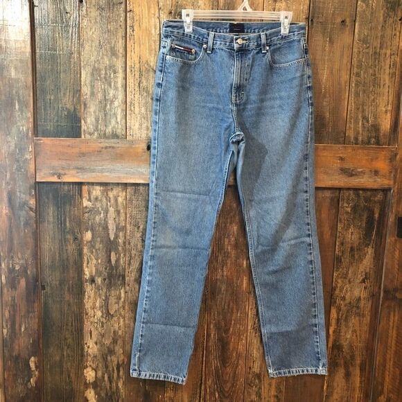 Tommy Hilfiger 9 Blue Denim Vintage High Waisted Large Logo Patch Faded Jeans - Picture 2 of 7